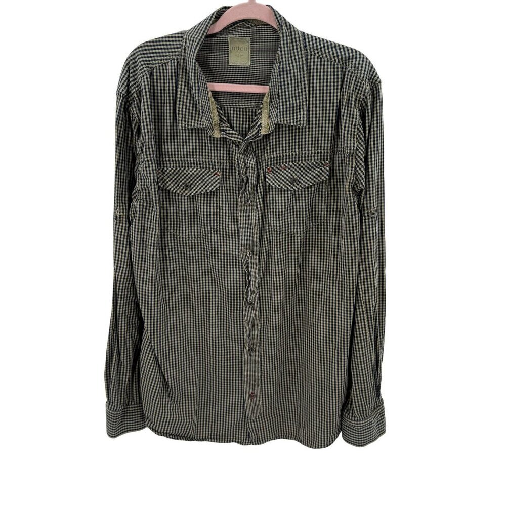 Nuco Navy & Tan Gingham Long Sleeve Shirt Mens XXL 100% Cotton Made In India